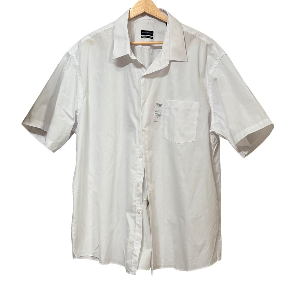 Van Heusen Mens White Short Sleeve Regular Fit Wrinkle Free Dress Shirt Size 18